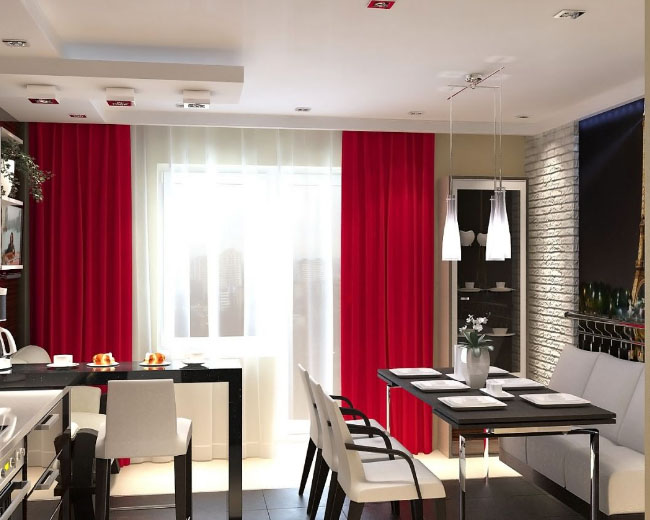 Украшаем интерьер кухни с помощью красных штор и занавесок