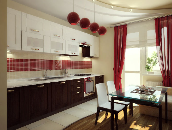 Украшаем интерьер кухни с помощью красных штор и занавесок