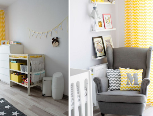 Детская для малыша: оригинальная желто-серая комната 